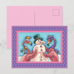 PINK FLAMINGOS MAKE SNOWMAN, FUNNY CHRISTMAS BIRDS HOLIDAY POSTCARD