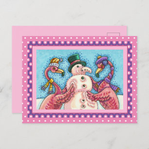 PINK FLAMINGOS MAKE SNOWMAN, FUNNY CHRISTMAS BIRDS HOLIDAY POSTCARD