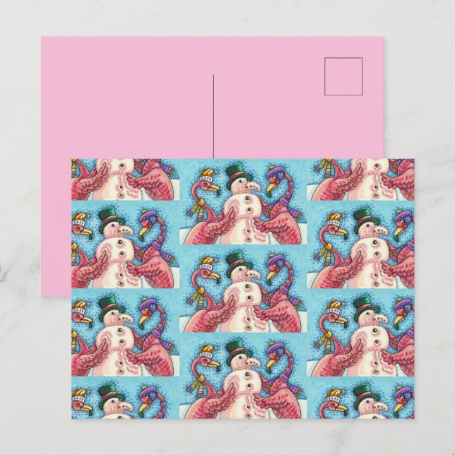 PINK FLAMINGOS MAKE SNOWMAN, FUNNY CHRISTMAS BIRDS HOLIDAY POSTCARD (Front/Back)