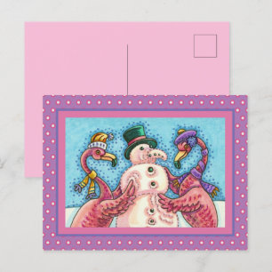 PINK FLAMINGOS MAKE SNOWMAN, FUNNY CHRISTMAS BIRDS HOLIDAY POSTCARD