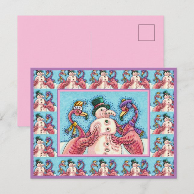 PINK FLAMINGOS MAKE SNOWMAN, FUNNY CHRISTMAS BIRDS HOLIDAY POSTCARD (Front/Back)