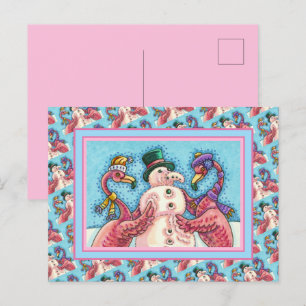 PINK FLAMINGOS MAKE SNOWMAN, FUNNY CHRISTMAS BIRDS HOLIDAY POSTCARD