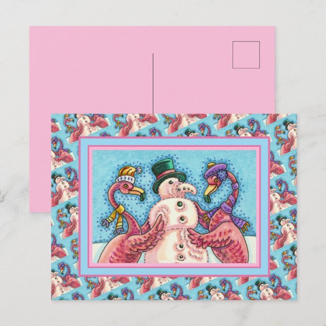 PINK FLAMINGOS MAKE SNOWMAN, FUNNY CHRISTMAS BIRDS HOLIDAY POSTCARD (Front/Back)