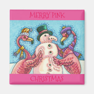 PINK FLAMINGOS MAKE SNOWMAN, FUNNY CHRISTMAS BIRDS MAGNET