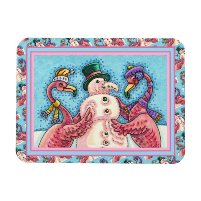 PINK FLAMINGOS MAKE SNOWMAN, FUNNY CHRISTMAS BIRDS MAGNET (Horizontal)