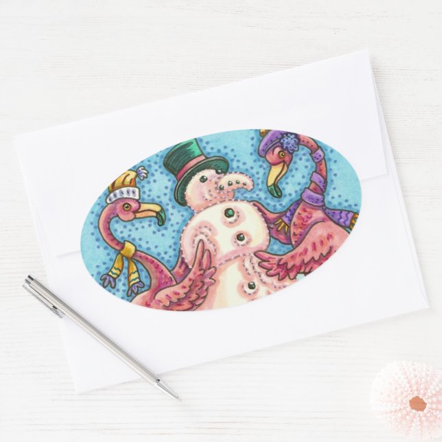 PINK FLAMINGOS MAKE SNOWMAN, FUNNY CHRISTMAS BIRDS OVAL STICKER (Envelope)