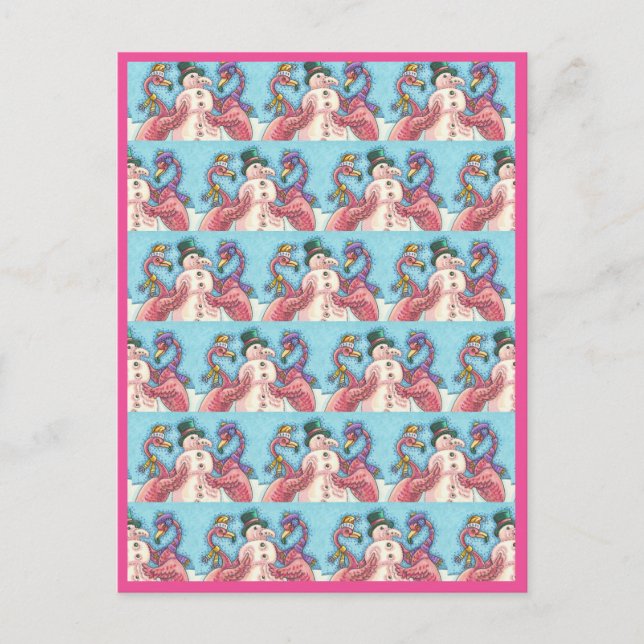 PINK FLAMINGOS MAKE SNOWMAN, FUNNY CHRISTMAS BIRDS POSTCARD (Front)