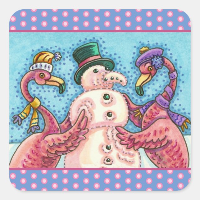 PINK FLAMINGOS MAKE SNOWMAN, FUNNY CHRISTMAS BIRDS SQUARE STICKER (Front)