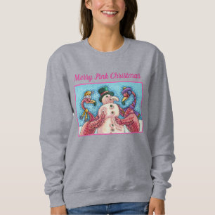 PINK FLAMINGOS MAKE SNOWMAN, FUNNY CHRISTMAS BIRDS SWEATSHIRT