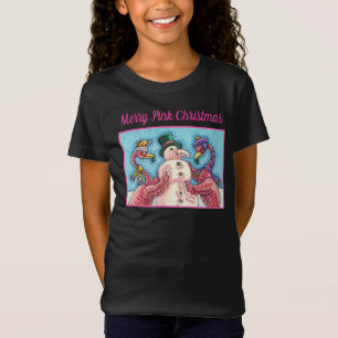 PINK FLAMINGOS MAKE SNOWMAN, FUNNY CHRISTMAS BIRDS T-Shirt