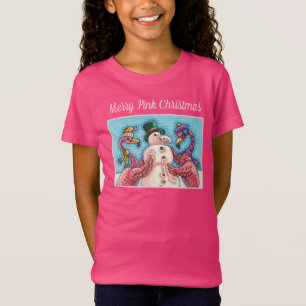 PINK FLAMINGOS MAKE SNOWMAN, FUNNY CHRISTMAS BIRDS T-Shirt