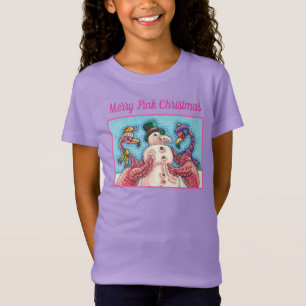 PINK FLAMINGOS MAKE SNOWMAN, FUNNY CHRISTMAS BIRDS T-Shirt