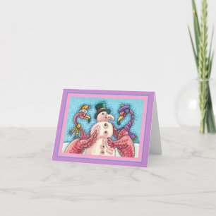 PINK FLAMINGOS MAKE SNOWMAN, FUNNY CHRISTMAS Blank Card
