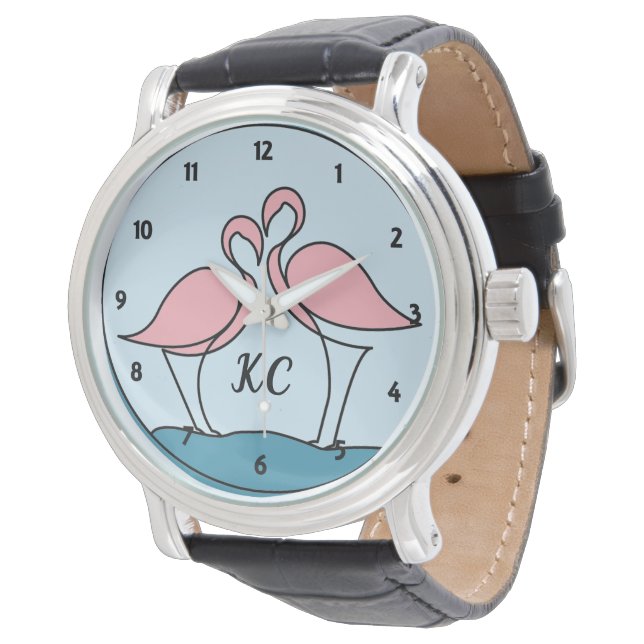 Pink Flamingos Monogram Black Vintage Leather Watch (Angled)