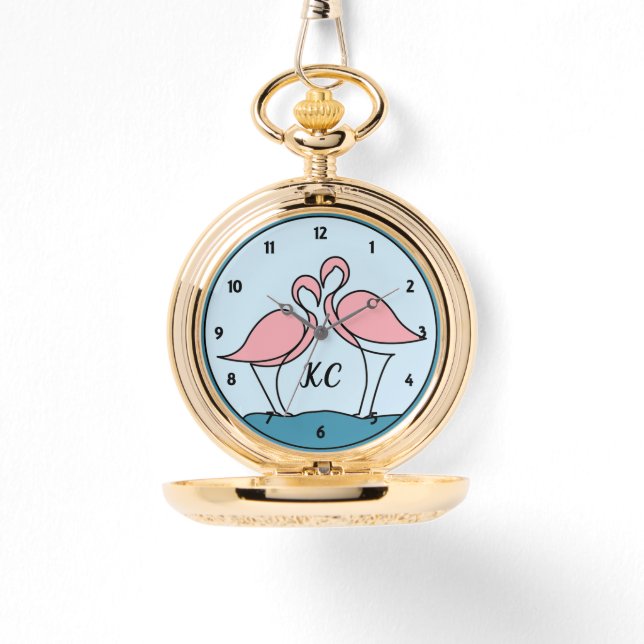 Pink Flamingos Monogram Gold Pocket Watch (Front)