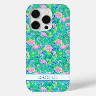 Pink Flamingos Monogrammed iPhone 15 Pro Case
