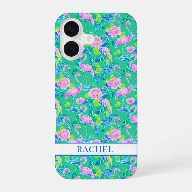 Pink Flamingos Monogrammed iPhone 16 Case (Back)
