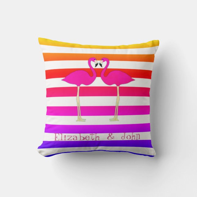 Pink Flamingos Ombre Stripes Personalised Cushion (Front)
