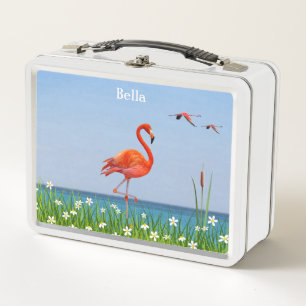 Pink Flamingos on a Beautiful Floral Landscape Metal Lunch Box