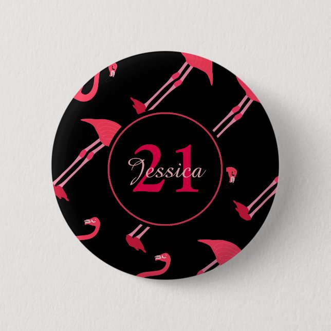 Pink Flamingos on Black 21st Birthday Custom 6 Cm Round Badge (Front)