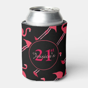 Pink Flamingos on Black 21st Birthday Custom Can Cooler