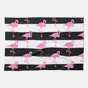 Pink Flamingos on Black and White Stripes Tea Towel