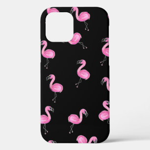 pink flamingos on black iPhone 12 case