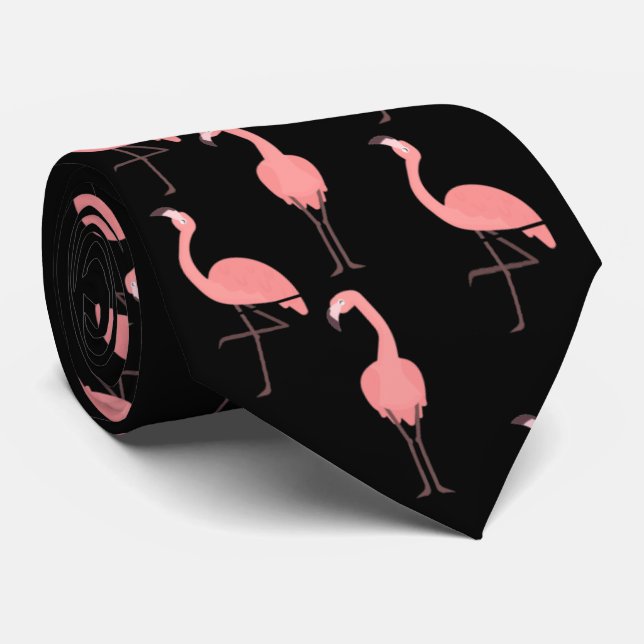 Pink Flamingos On Black Neck Tie (Rolled)