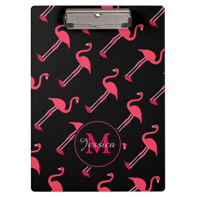Pink Flamingos on Black Personalised Clipboard (Front)