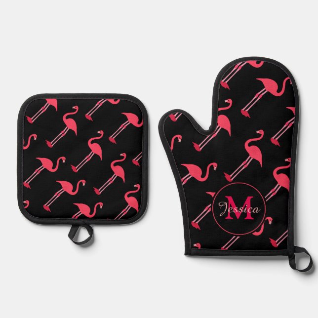 Pink Flamingos on Black Personalised Oven Mitt & Pot Holder Set (Front)