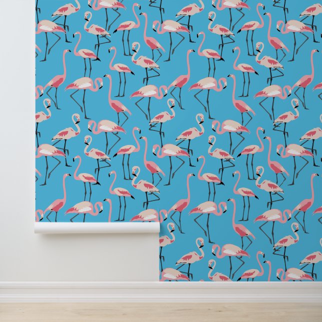 Pink Flamingos on Blue Colourful Wallpaper (Application)