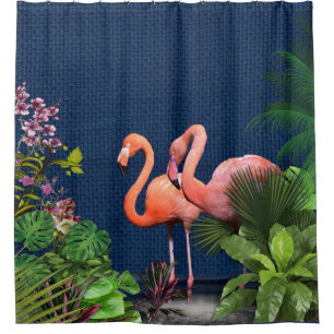 Pink Flamingos on Classic blue & Green Shower Curtain