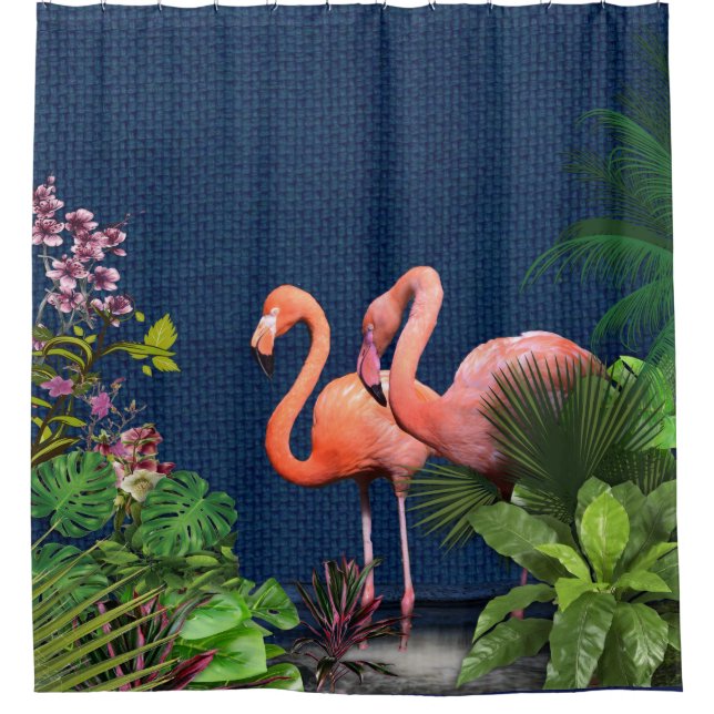 Pink Flamingos on Classic blue & Green Shower Curtain (Front)