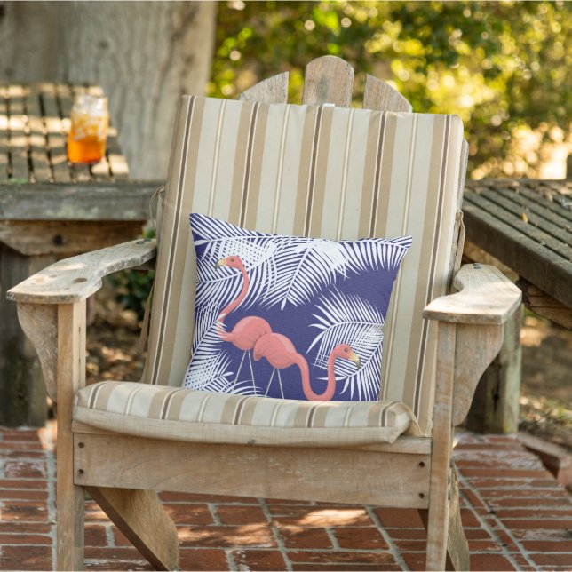 Pink Flamingos on Navy Blue and White Palm Leaves Cushion (Chair)