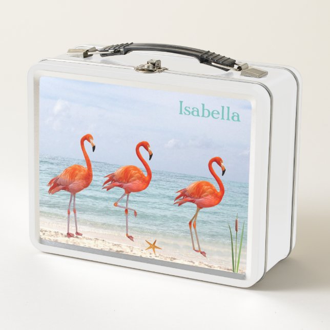 Pink Flamingos on the Beach Metal Lunch Box (Front)