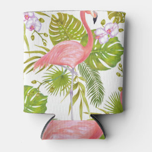 Pink flamingos, orchids: watercolor pattern. can cooler