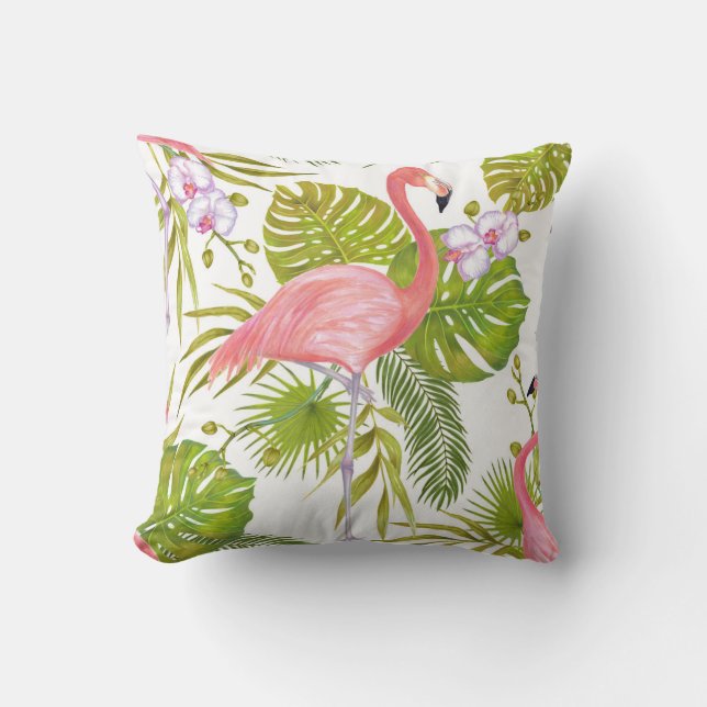 Pink flamingos, orchids: watercolor pattern. cushion (Front)