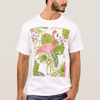 Pink flamingos, orchids: watercolor pattern. T-Shirt