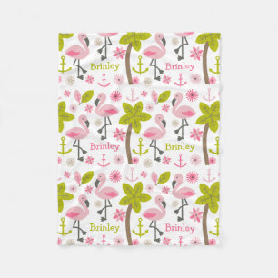 Pink Flamingos Palm Trees Beach Personalised Fleece Blanket