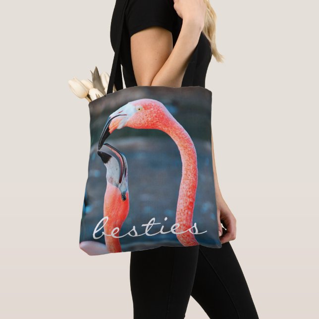 Pink Flamingos Photo Besties Script Stylish Modern Tote Bag (Close Up)