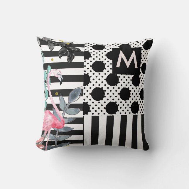 Pink Flamingos Polka Dots Black & White Fun Cushion (Front)
