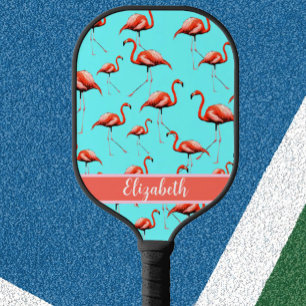 Pink flamingos preppy custom name modern aqua pickleball paddle