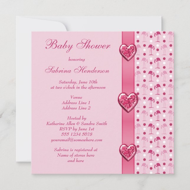 Pink Flamingos, Printed Bow & Heart Baby Shower Invitation (Front)