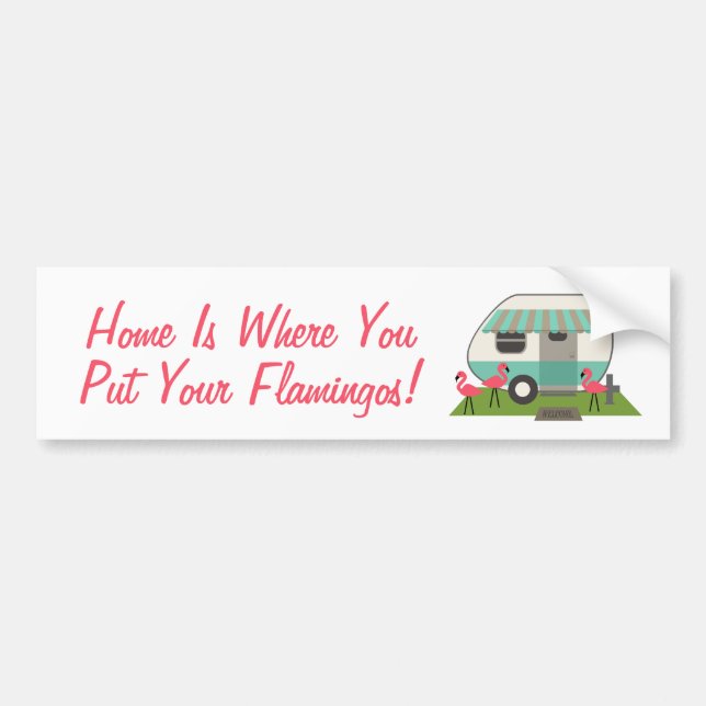 Pink Flamingos & Retro Camper Bumper Sticker (Front)