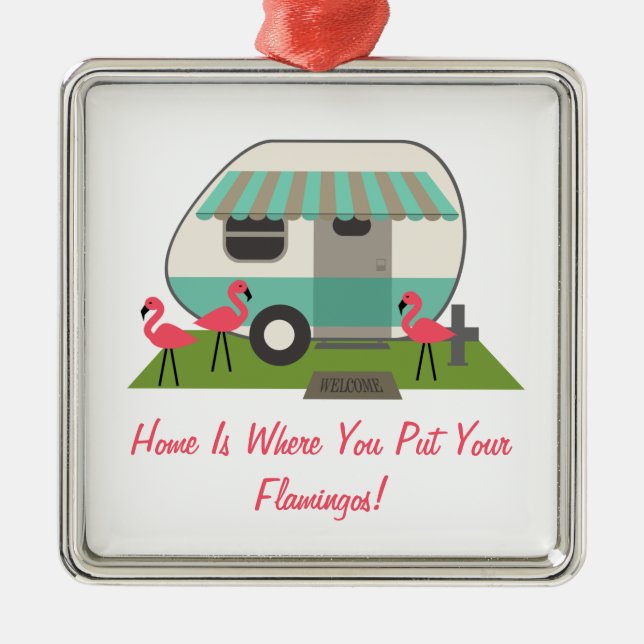Pink Flamingos & Retro Camper / Trailer Ornament (Front)