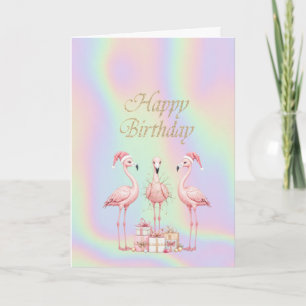 Pink Flamingos Santa Hat Holographic Birthday Card
