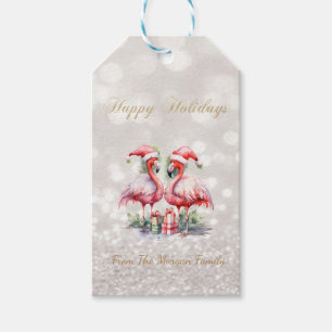 Pink Flamingos Santa Hat Presents Glitter Bokeh Gift Tags