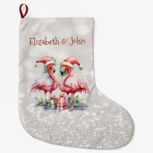 Pink Flamingos Santa Hat Presents Glittery Bokeh Large Christmas Stocking
