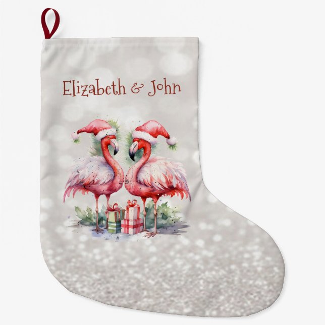Pink Flamingos Santa Hat Presents Glittery Bokeh Large Christmas Stocking (Front)