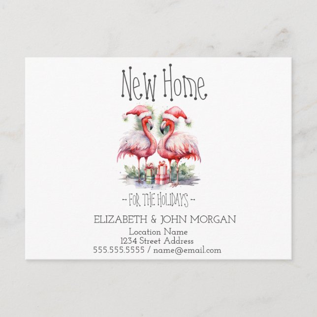 Pink Flamingos Santa Hat Presents New Address Announcement Postcard (Front)